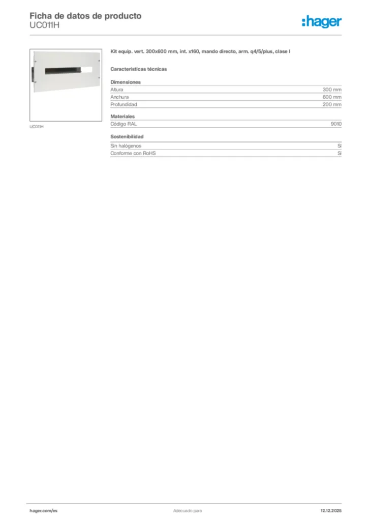 Imagen Hager Ficha de datos de producto UC011H | Hager España