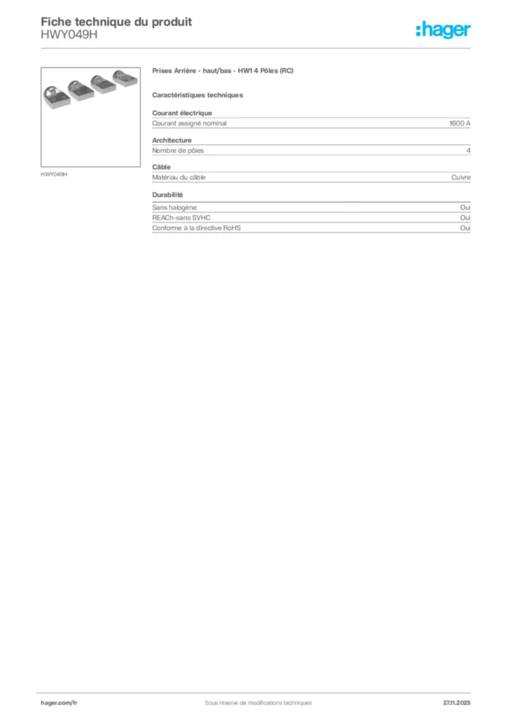 Image Hager Fiche technique du produit HWY049H | Hager France