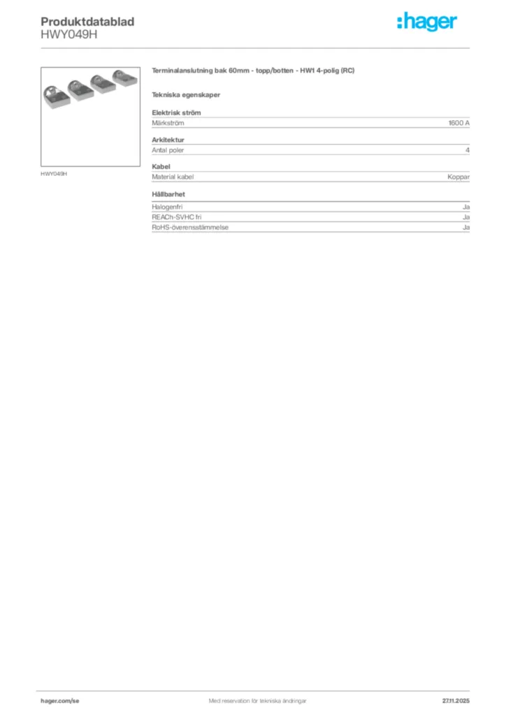 Bild Hager Produktdatablad HWY049H | Hager Sverige
