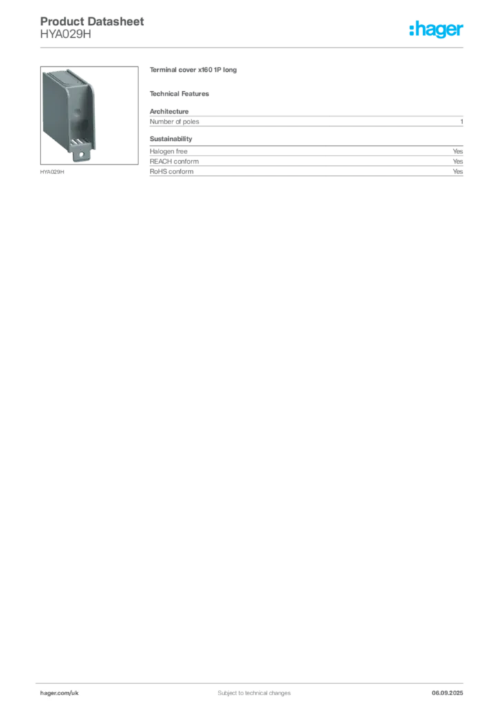 Image Hager Product data sheet HYA029H  | Hager