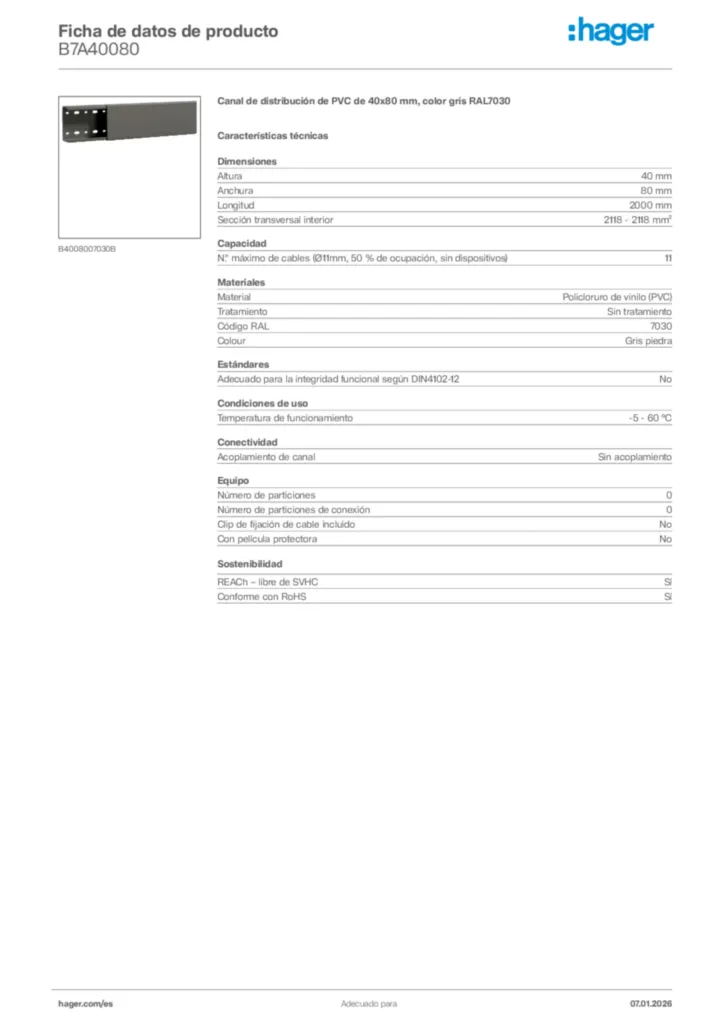 Imagen Hager Ficha de datos de producto B7A40080 | Hager España