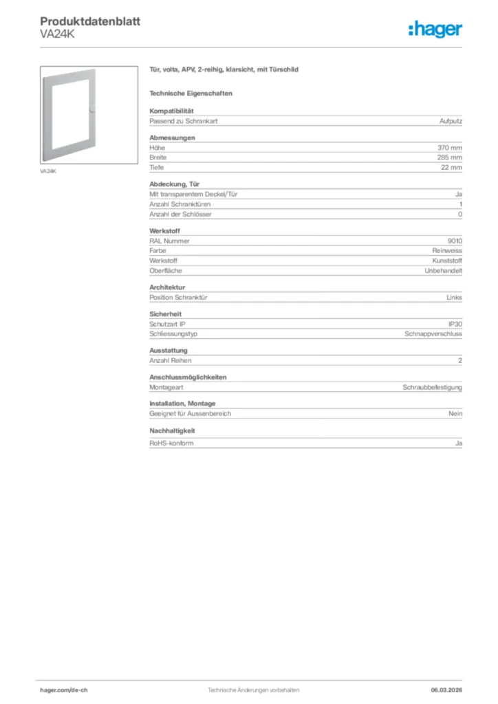 Bild Hager Produktdatenblatt VA24K | Hager Schweiz