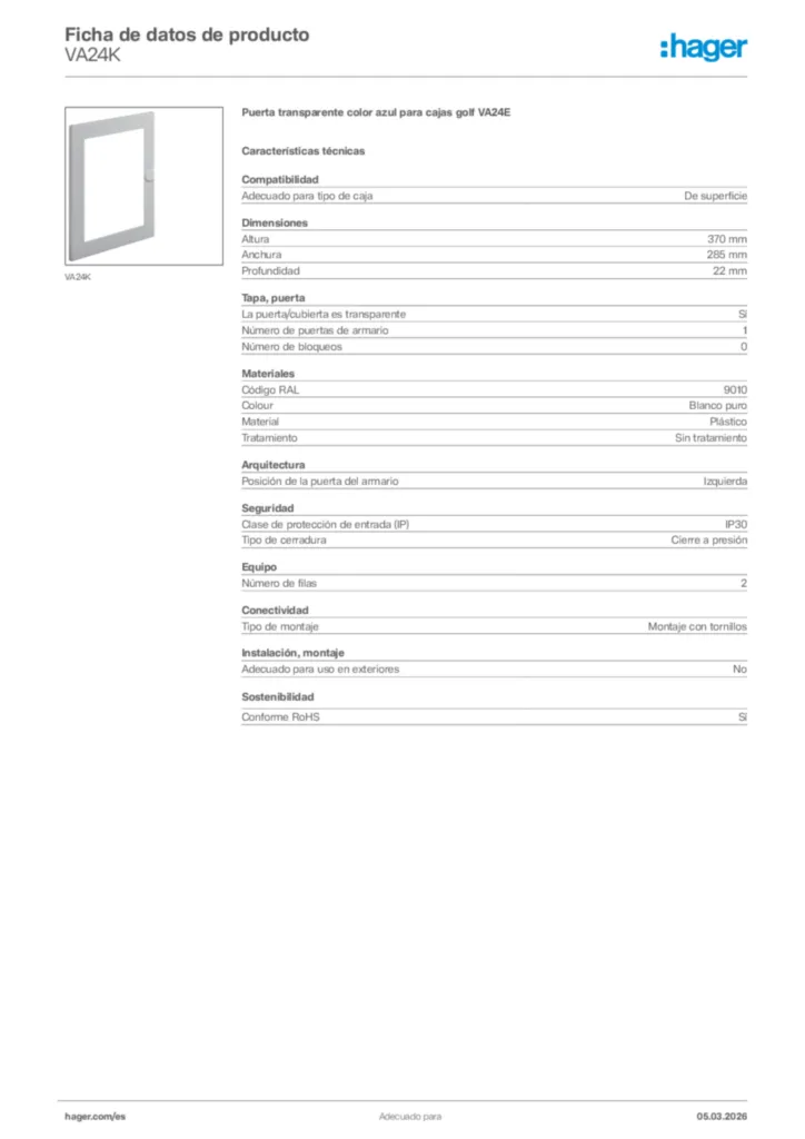 Imagen Hager Ficha de datos de producto VA24K | Hager España
