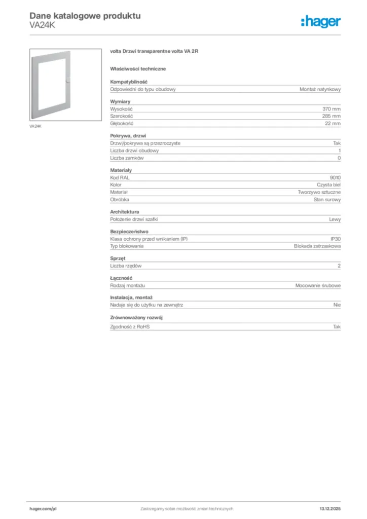 Zdjęcie Hager Karta katalogowa VA24K | Hager Polska