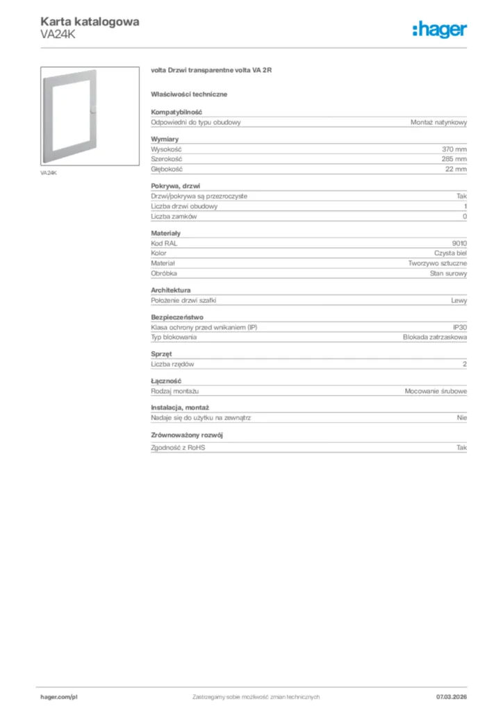 Zdjęcie Hager Karta katalogowa VA24K | Hager Polska