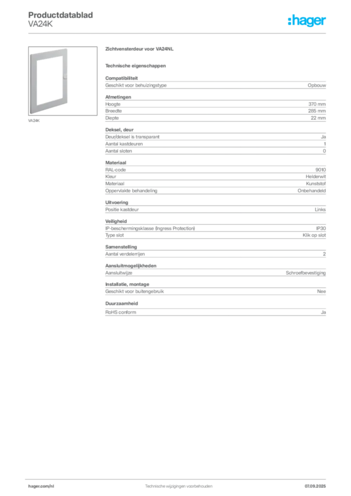Afbeelding Hager Productdatablad VA24K | Hager Nederland