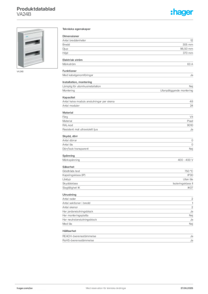Bild Hager Produktdatablad VA24B | Hager Sverige