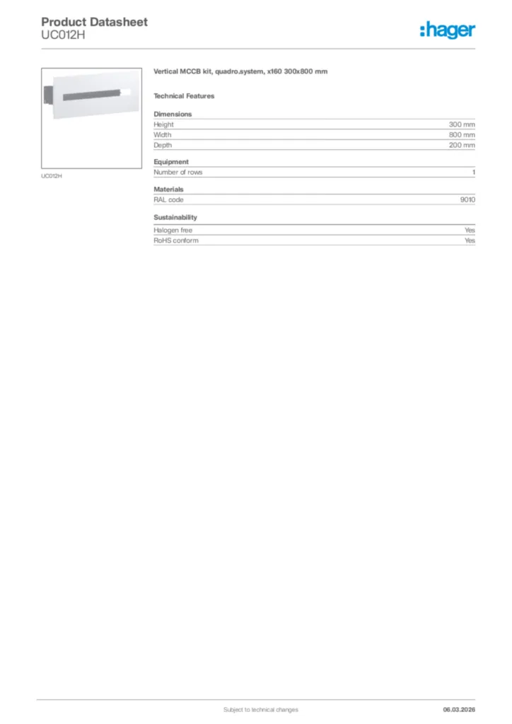 Image Hager Product data sheet UC012H  | Hager Africa