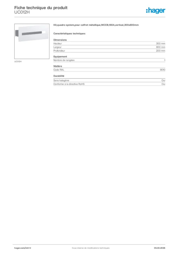 Image Hager Fiche technique du produit UC012H | Hager Afrique