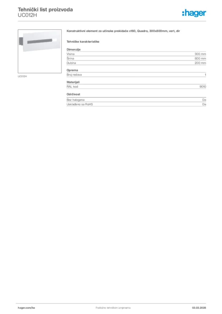 Slika Hager Tehnički list proizvoda UC012H  | Hager