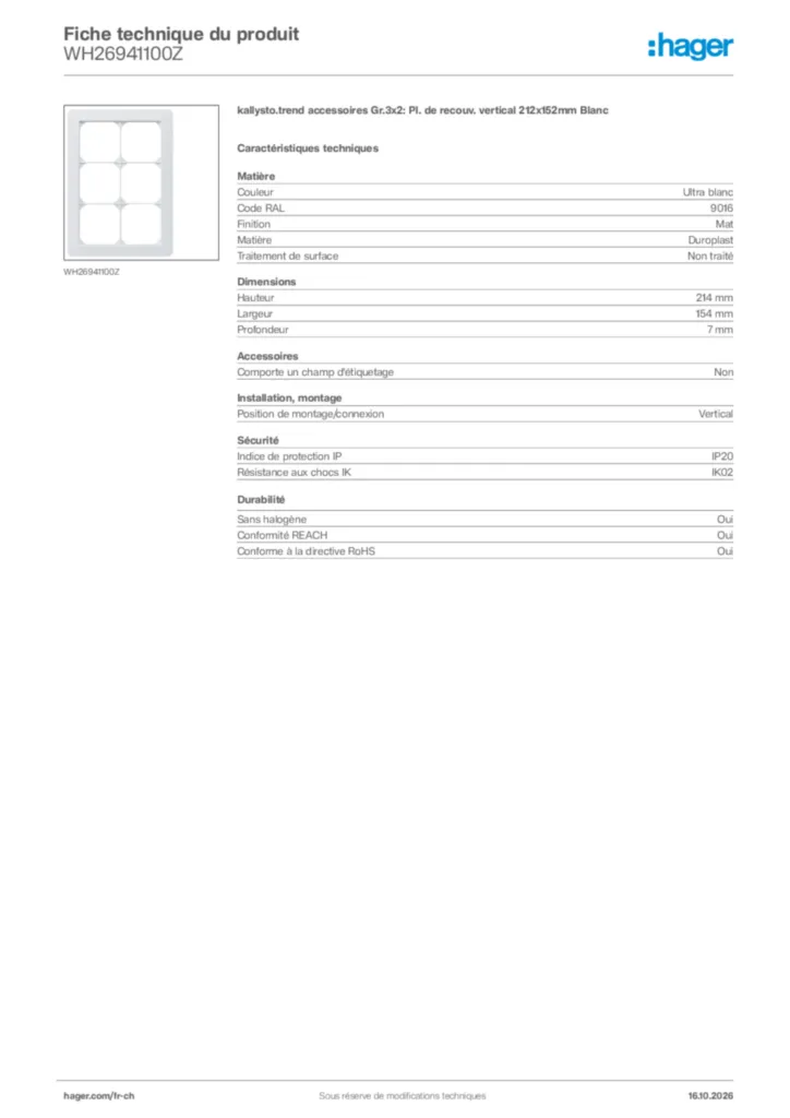 Image Hager Fiche technique du produit WH26941100Z | Hager Suisse