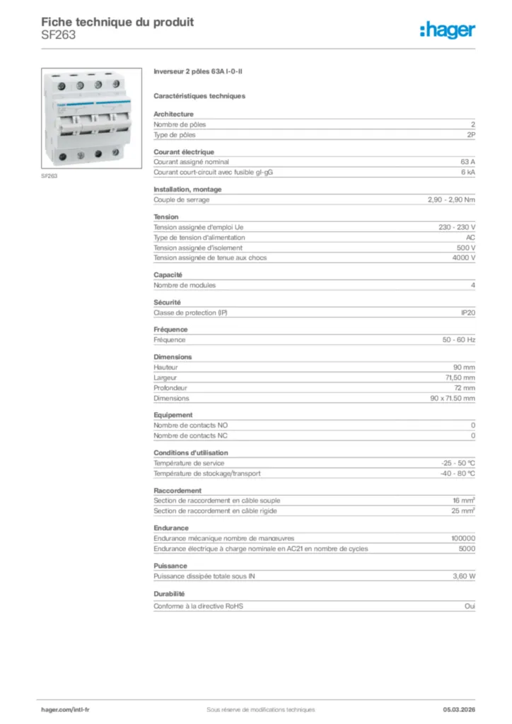 Image Hager Fiche technique du produit SF263 | Hager Afrique