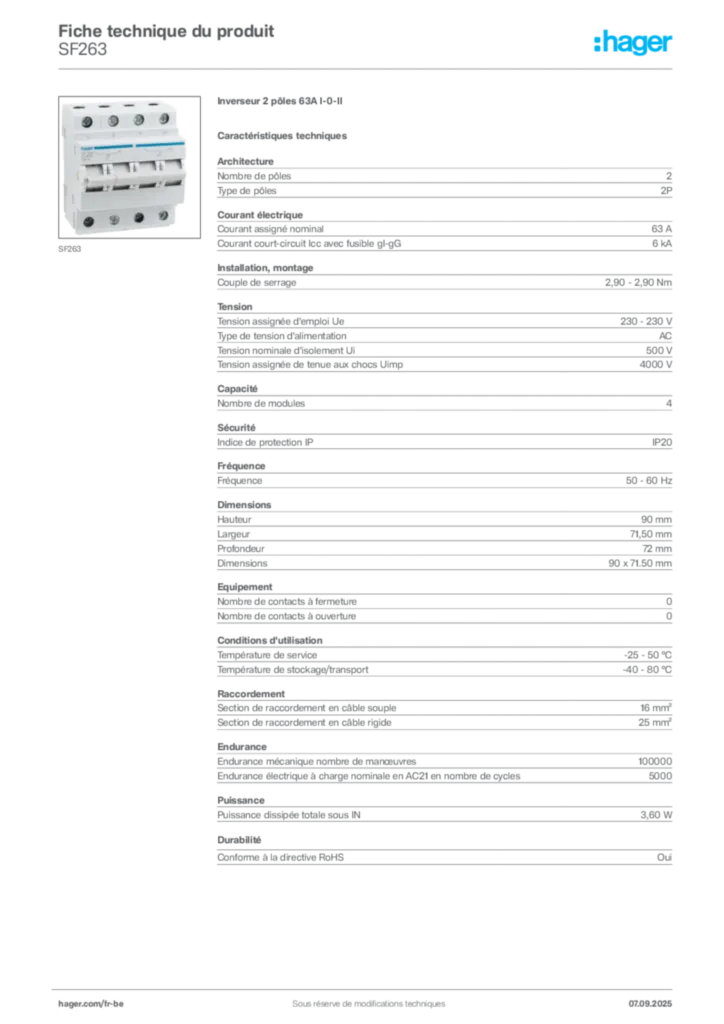 Image Hager Fiche technique du produit SF263 | Hager Belgique
