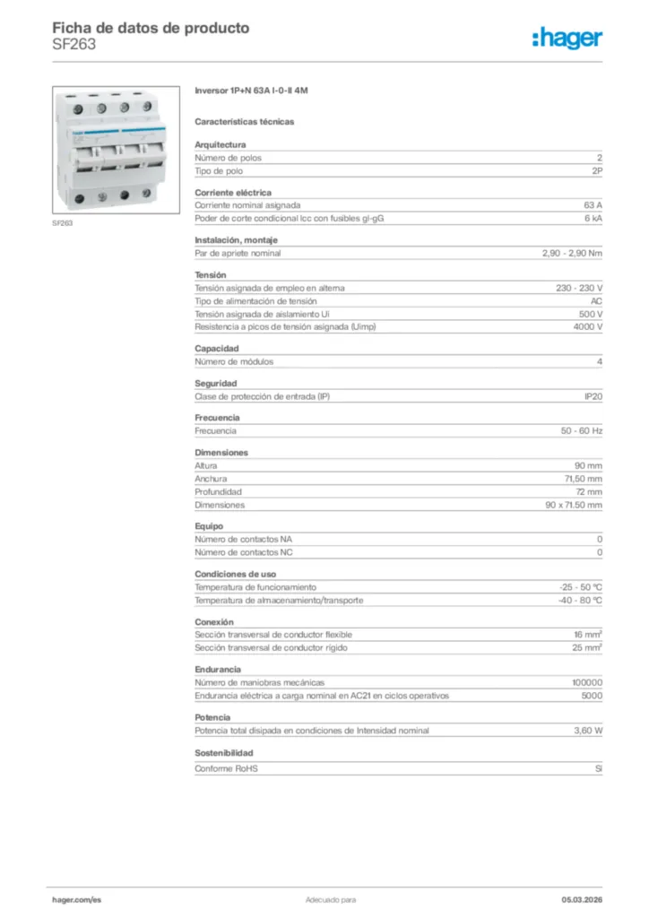 Imagen Hager Ficha de datos de producto SF263 | Hager España