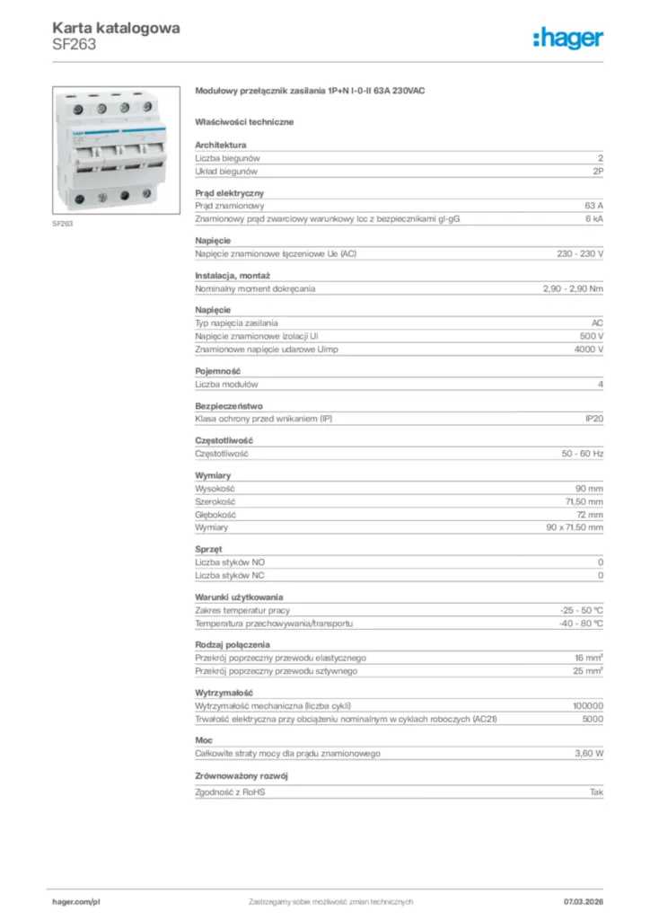 Zdjęcie Hager Karta katalogowa SF263 | Hager Polska