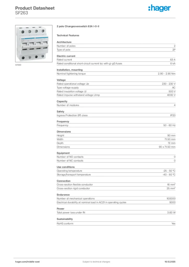 Image Hager Product data sheet SF263  | Hager