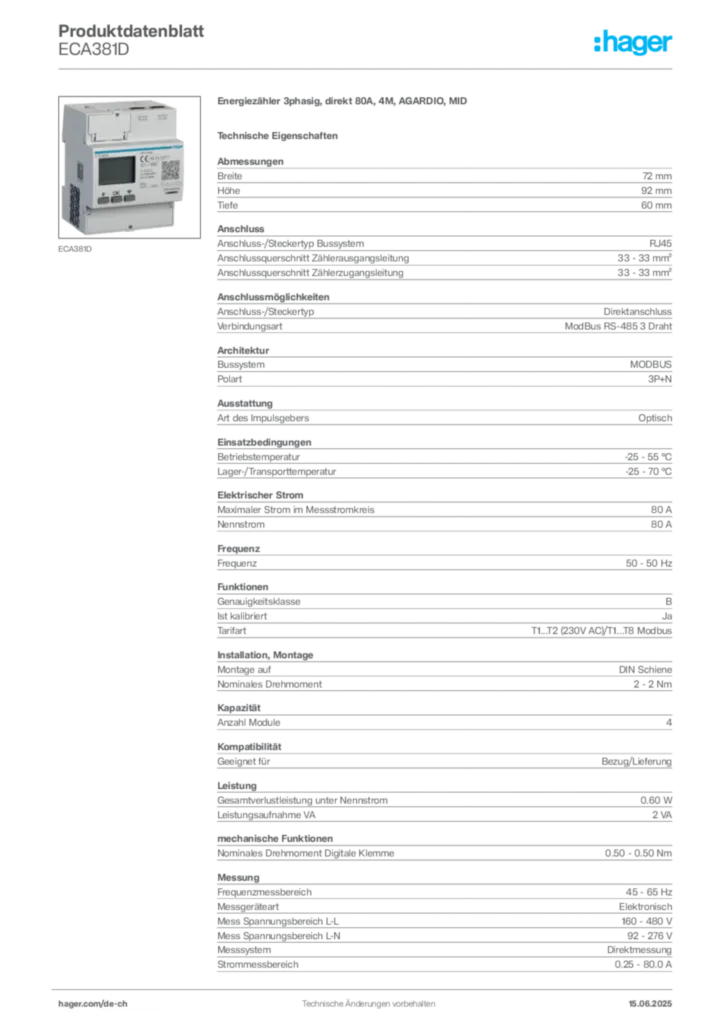 Bild Hager Produktdatenblatt ECA381D | Hager Schweiz
