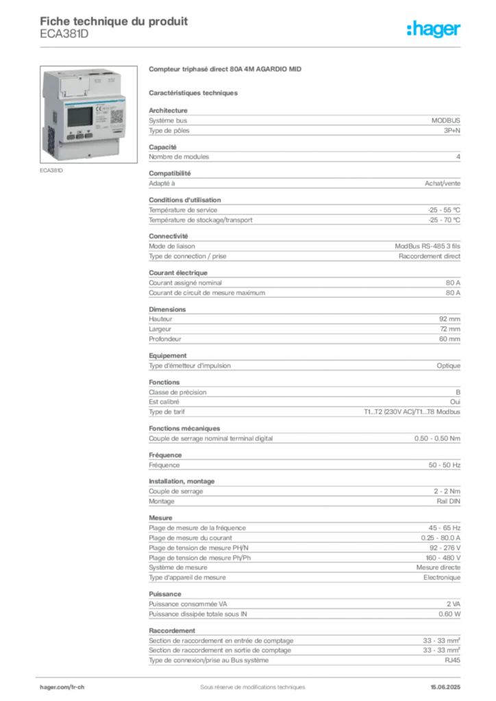 Image Hager Fiche technique du produit ECA381D | Hager Suisse