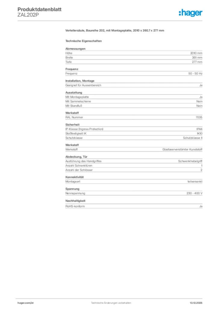 Bild Hager Produktdatenblatt ZAL202P | Hager Deutschland