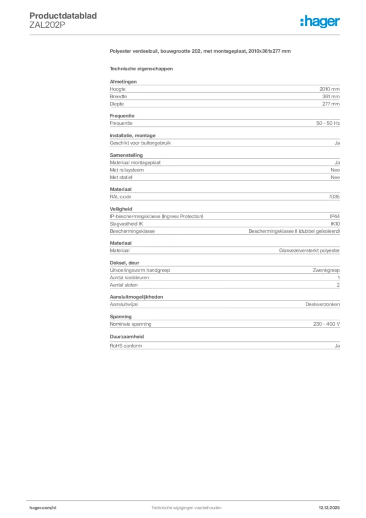 Afbeelding Hager Productdatablad ZAL202P | Hager Nederland