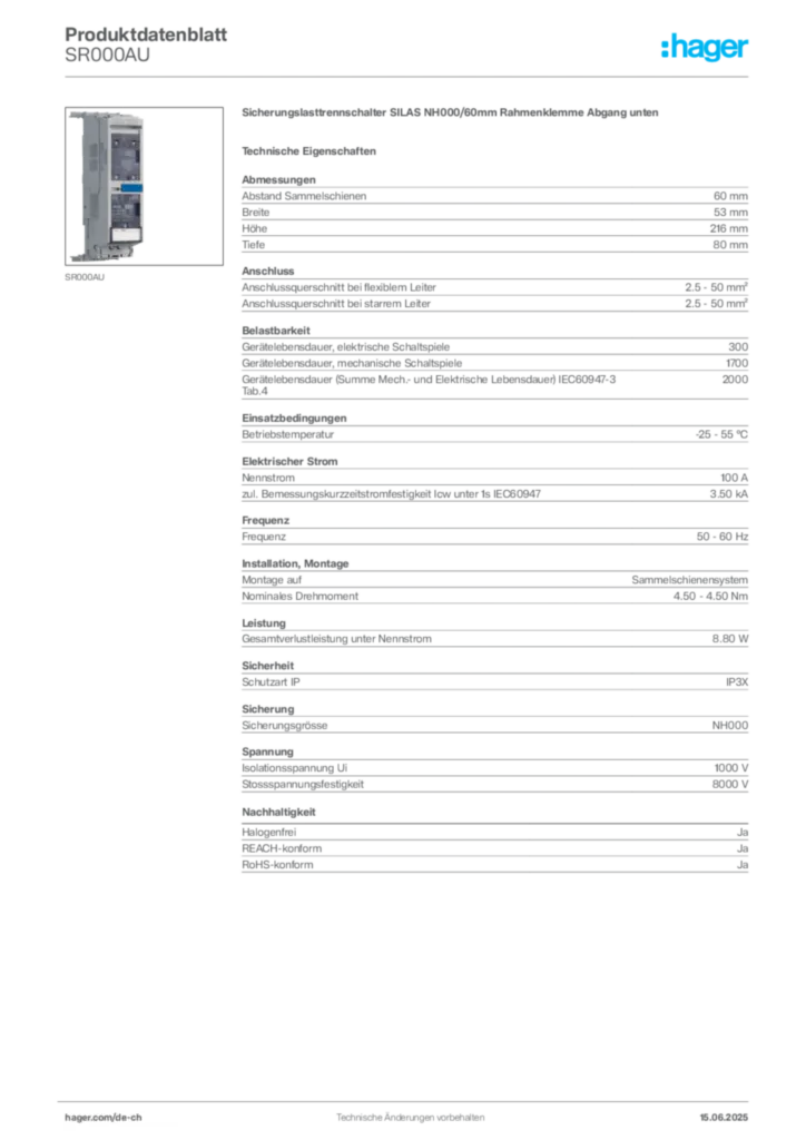 Bild Hager Produktdatenblatt SR000AU | Hager Schweiz