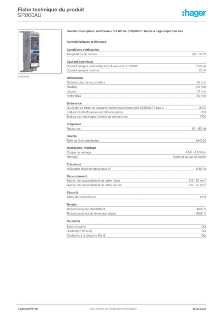 Image Hager Fiche technique du produit SR000AU | Hager Suisse