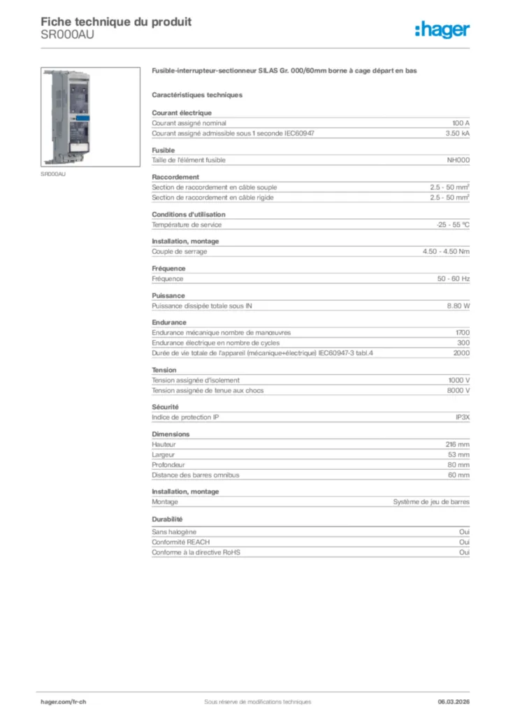 Image Hager Fiche technique du produit SR000AU | Hager Suisse