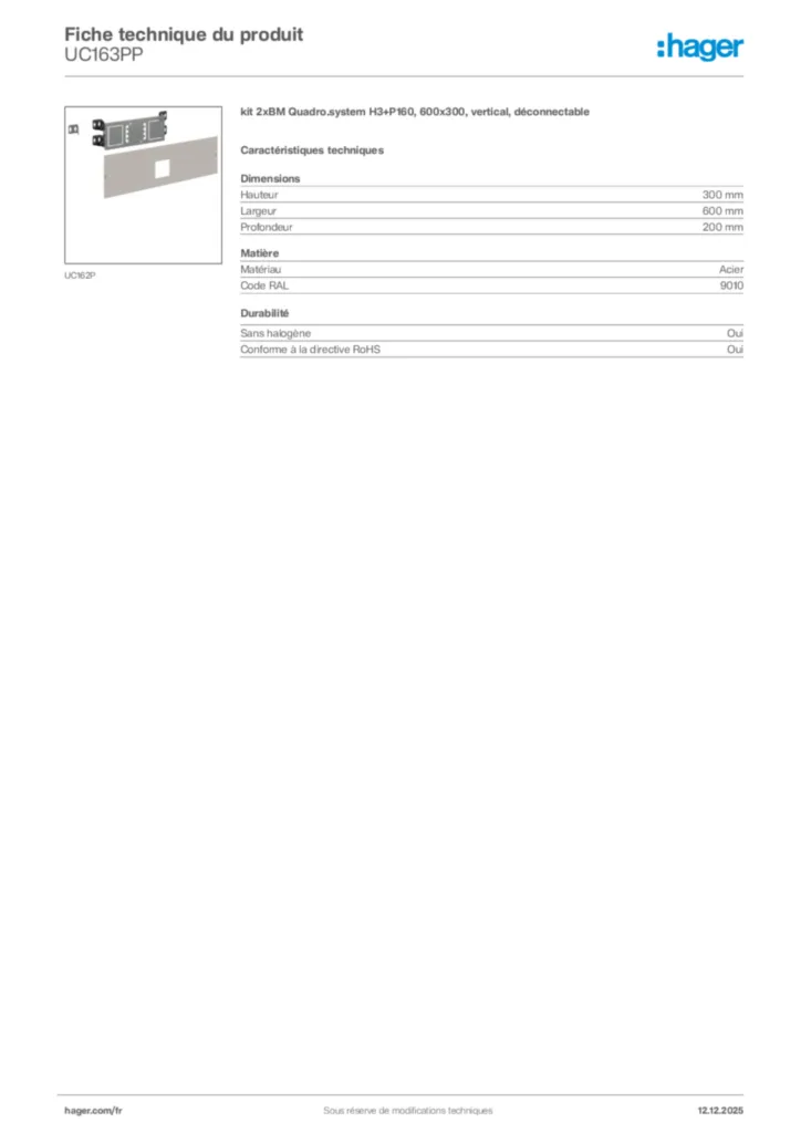 Image Hager Fiche technique du produit UC163PP | Hager France