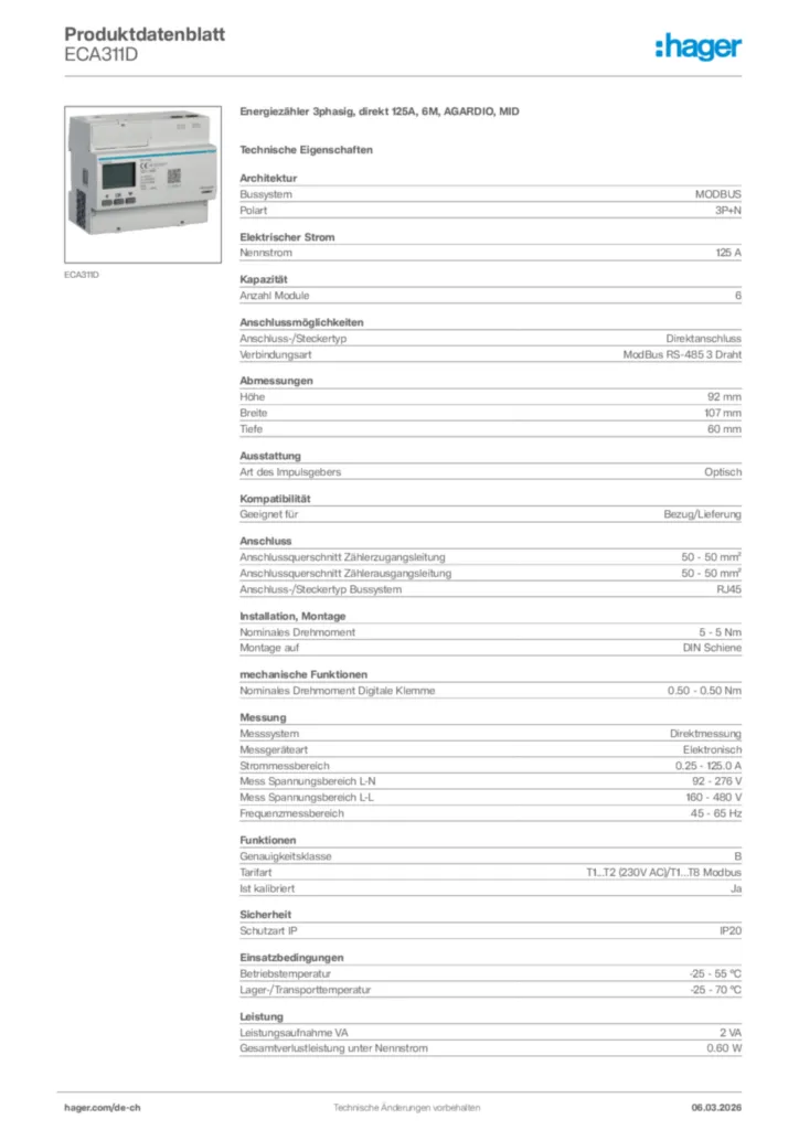 Bild Hager Produktdatenblatt ECA311D | Hager Schweiz