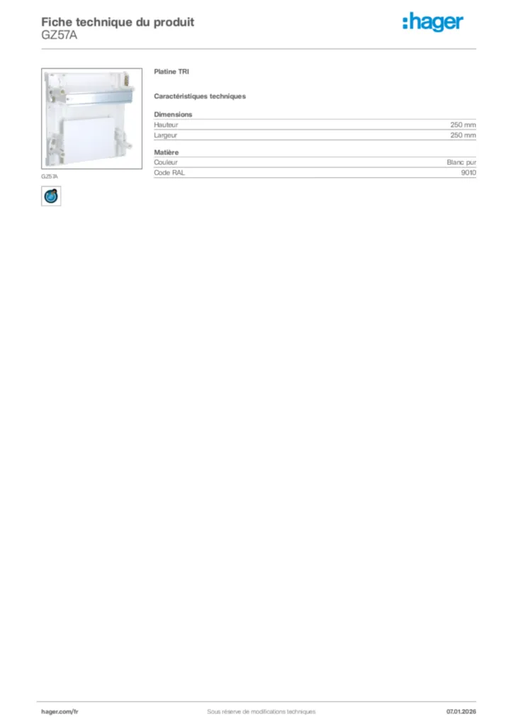 Image Hager Fiche technique du produit GZ57A | Hager France