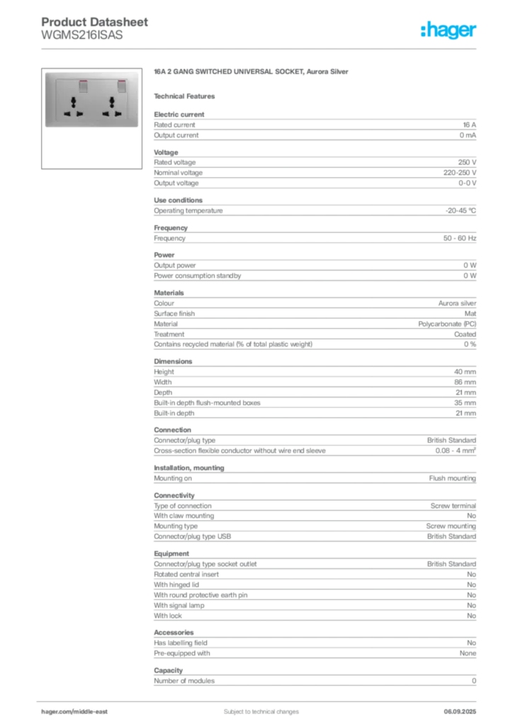 Image Hager Product data sheet WGMS216ISAS  | Hager