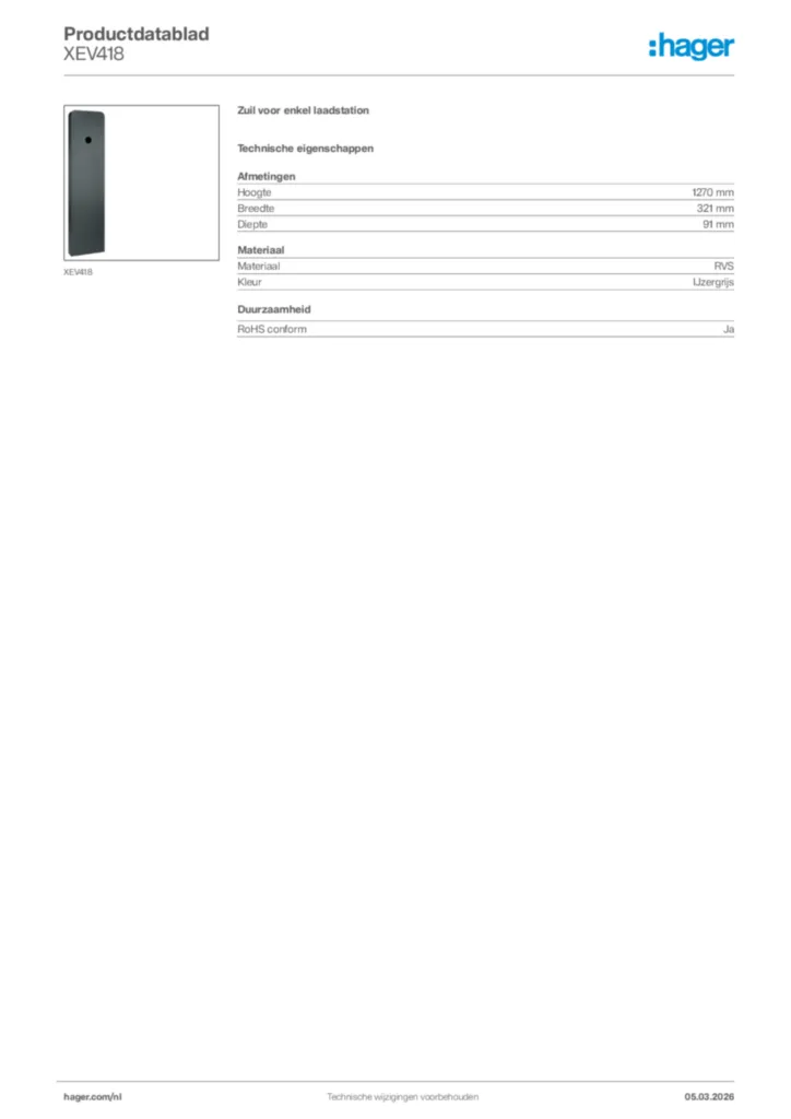 Afbeelding Hager Productdatablad XEV418 | Hager Nederland