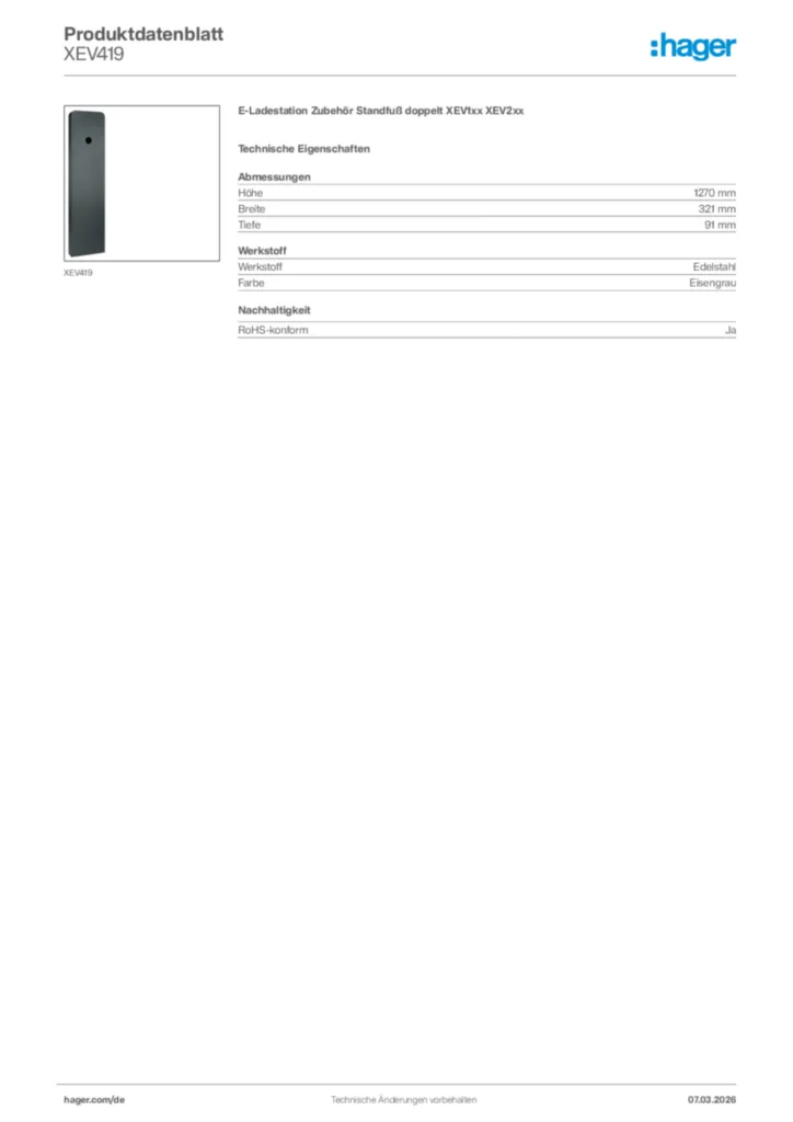 Bild Hager Produktdatenblatt XEV419 | Hager Deutschland