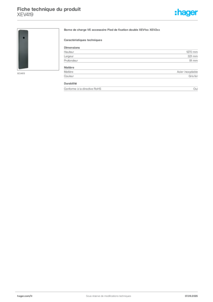 Image Hager Fiche technique du produit XEV419 | Hager France