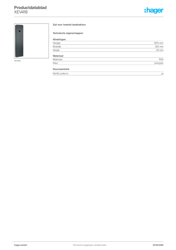 Afbeelding Hager Productdatablad XEV419 | Hager Nederland