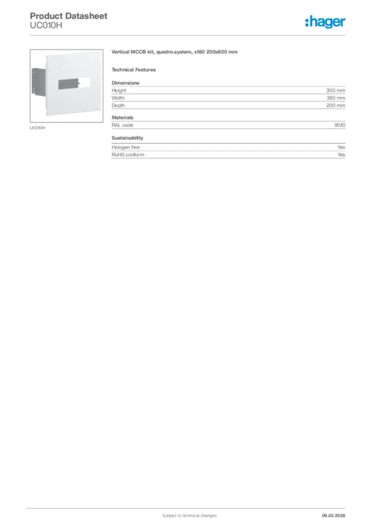 Image Hager Product data sheet UC010H  | Hager Africa