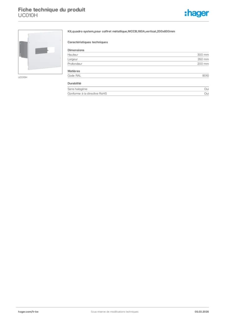 Image Hager Fiche technique du produit UC010H | Hager Belgique