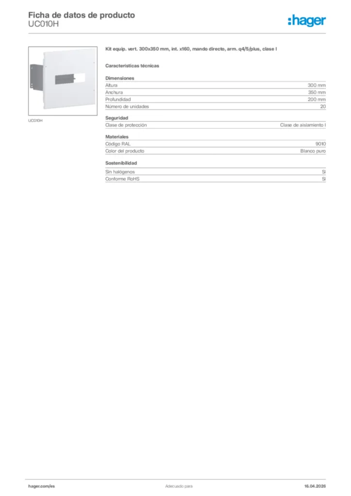 Imagen Hager Ficha de datos de producto UC010H | Hager España