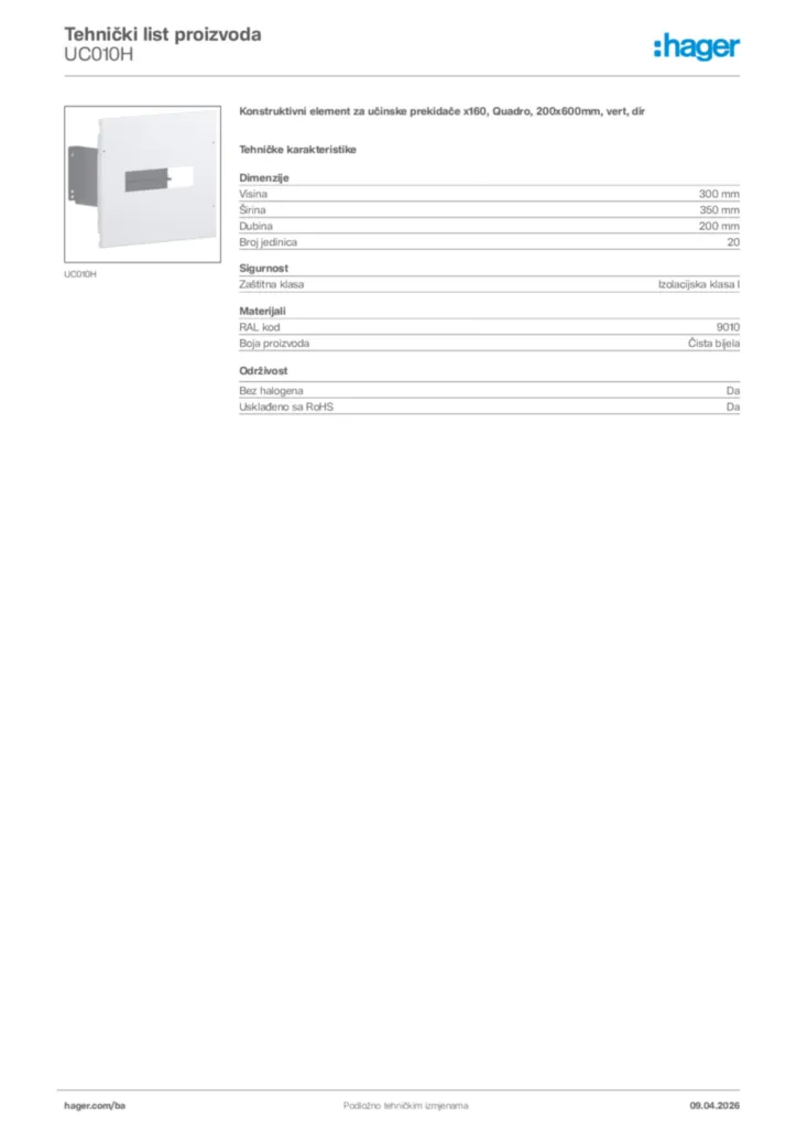 Slika Hager Tehnički list proizvoda UC010H  | Hager