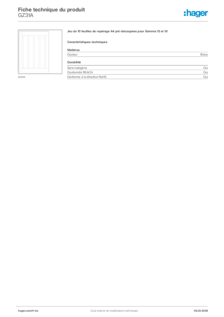 Image Hager Fiche technique du produit GZ31A | Hager Belgique