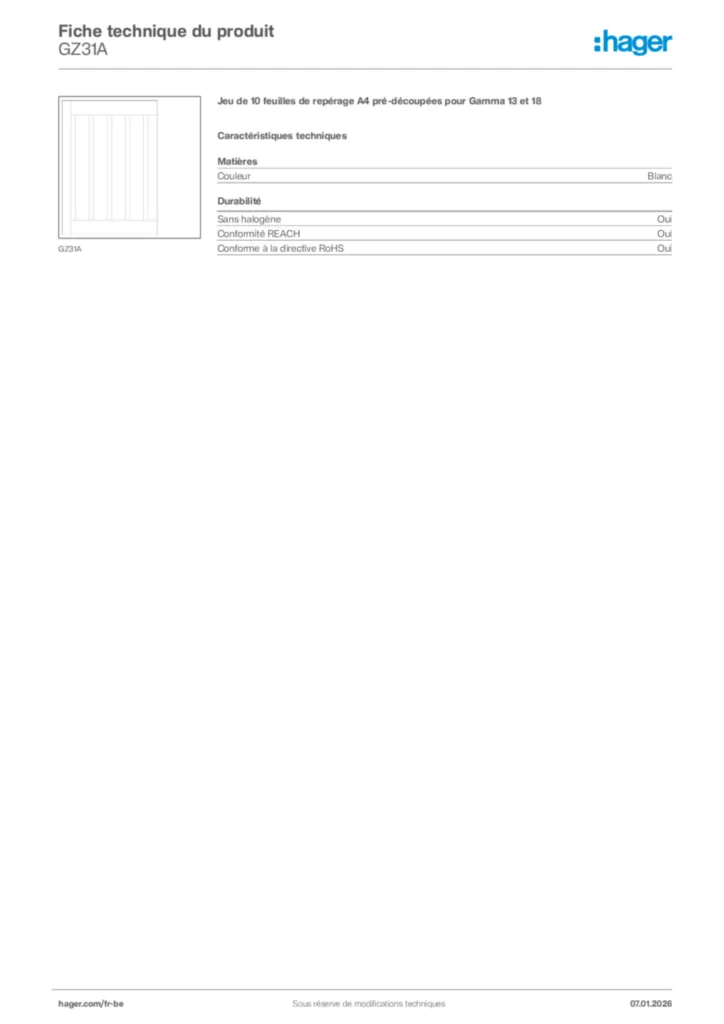 Image Hager Fiche technique du produit GZ31A | Hager Belgique