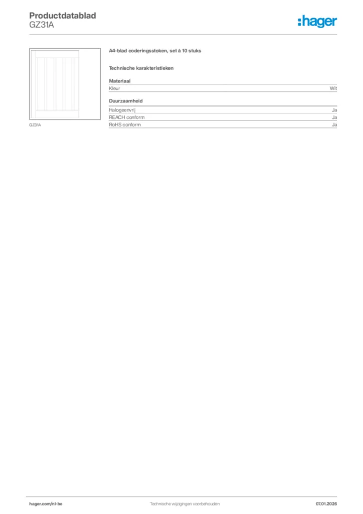 Afbeelding Hager Productdatablad GZ31A | Hager Belgium