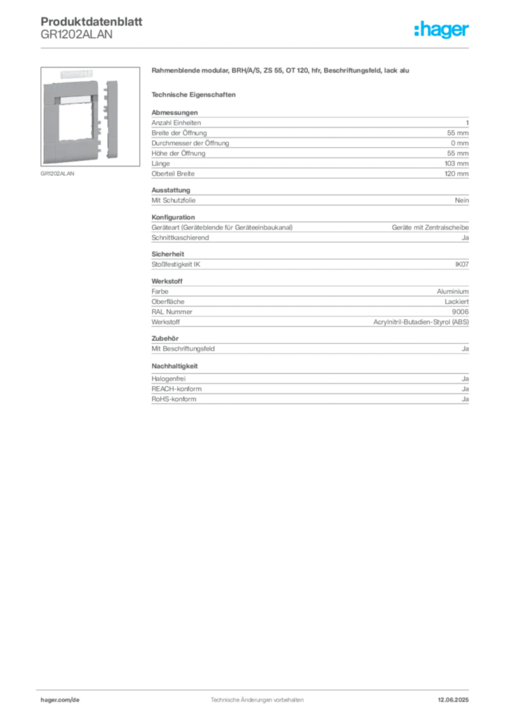 Bild Hager Produktdatenblatt GR1202ALAN | Hager Deutschland