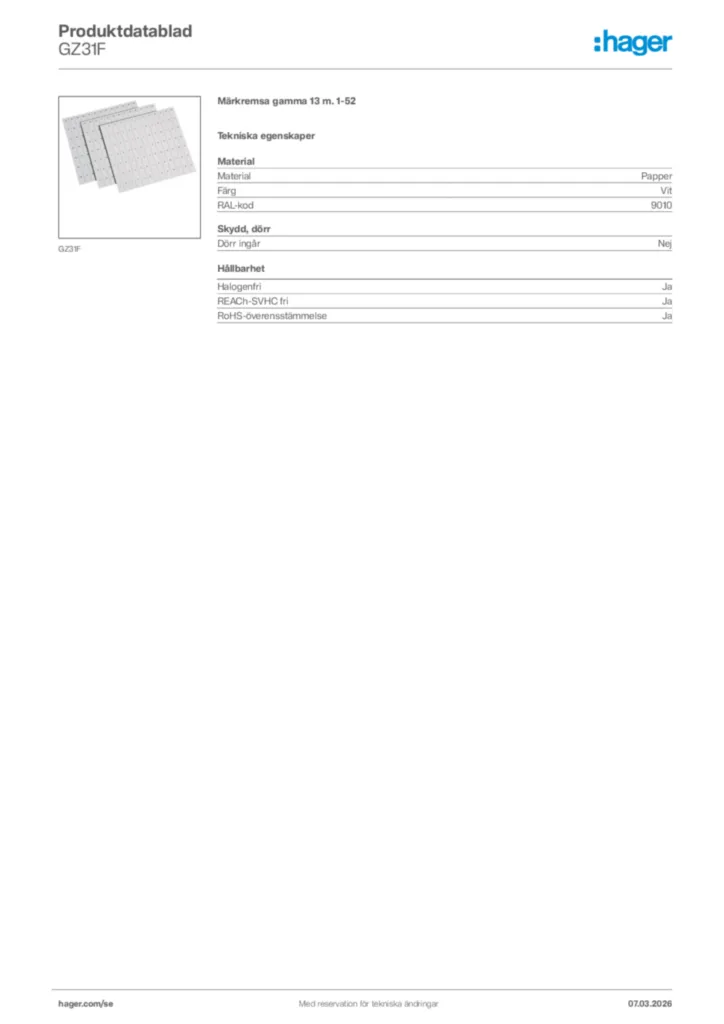 Bild Hager Produktdatablad GZ31F | Hager Sverige