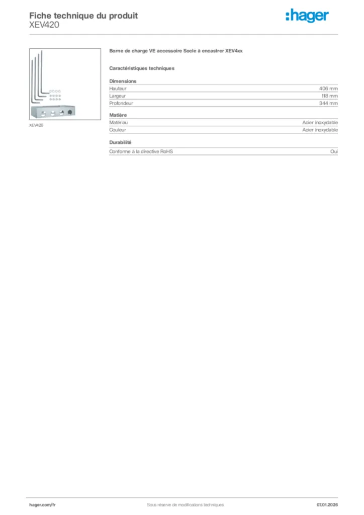 Image Hager Fiche technique du produit XEV420 | Hager France