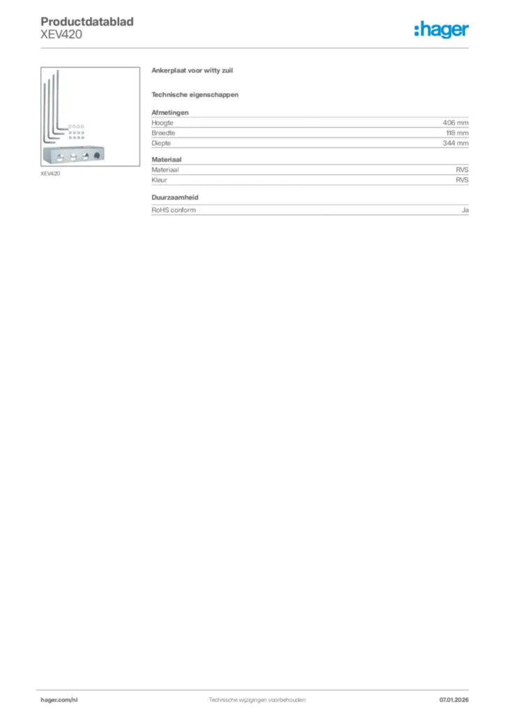 Afbeelding Hager Productdatablad XEV420 | Hager Nederland