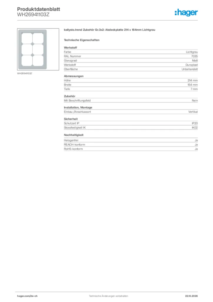 Bild Hager Produktdatenblatt WH26941103Z | Hager Schweiz
