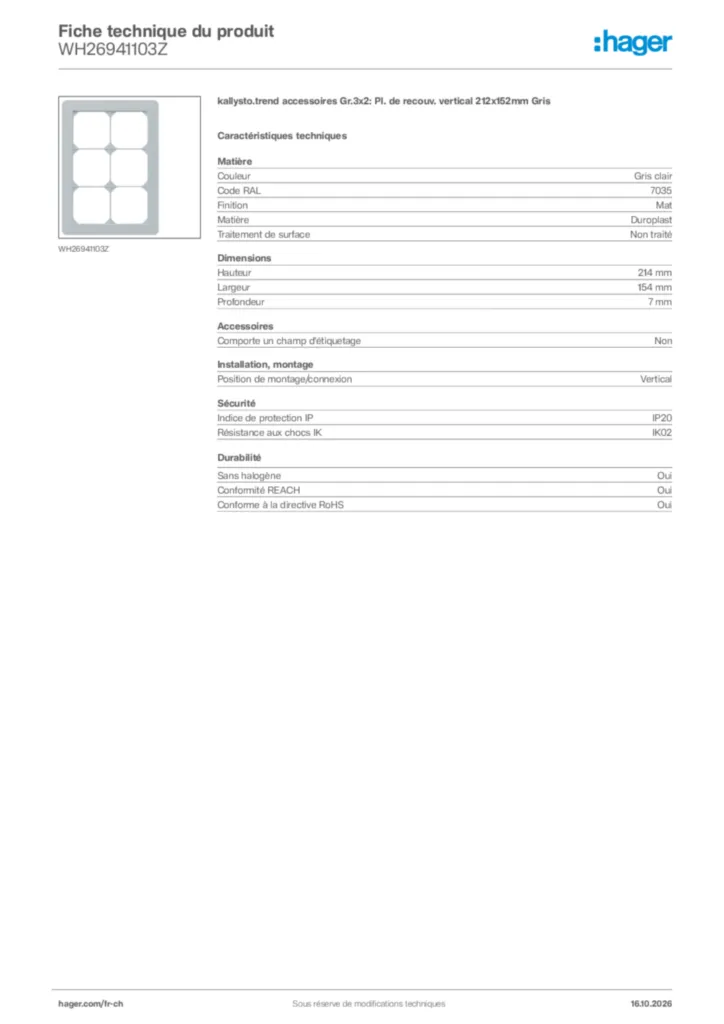 Image Hager Fiche technique du produit WH26941103Z | Hager Suisse
