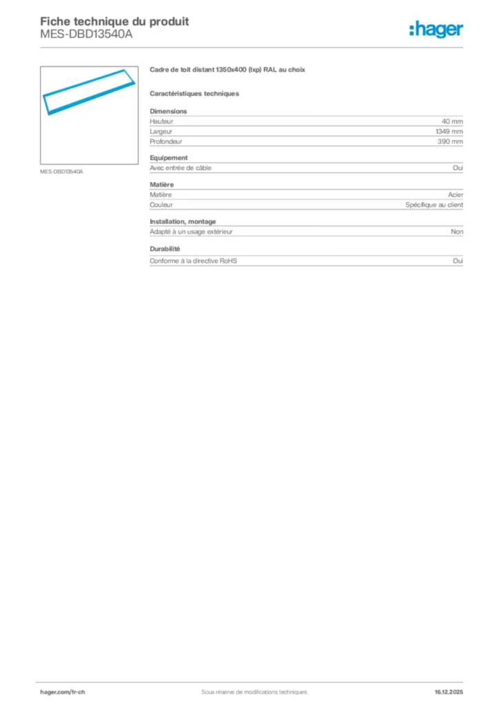 Image Hager Fiche technique du produit MES-DBD13540A | Hager Suisse