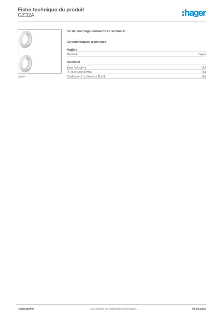 Image Hager Fiche technique du produit GZ32A | Hager France
